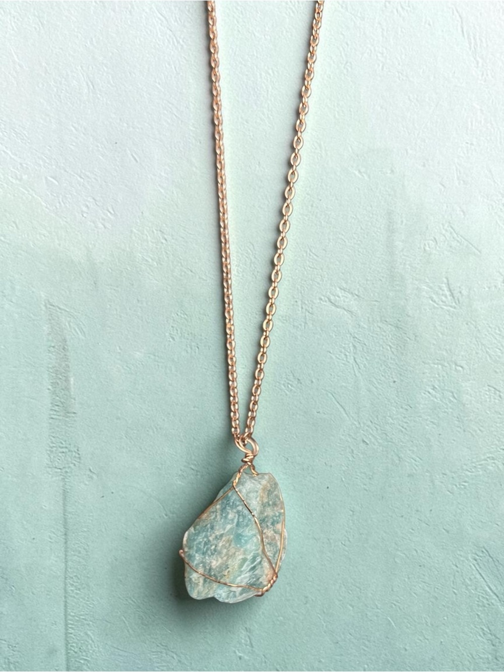 AMAZONITE raw cute natural wire wrapped stone pendant necklace on gold chain NEW